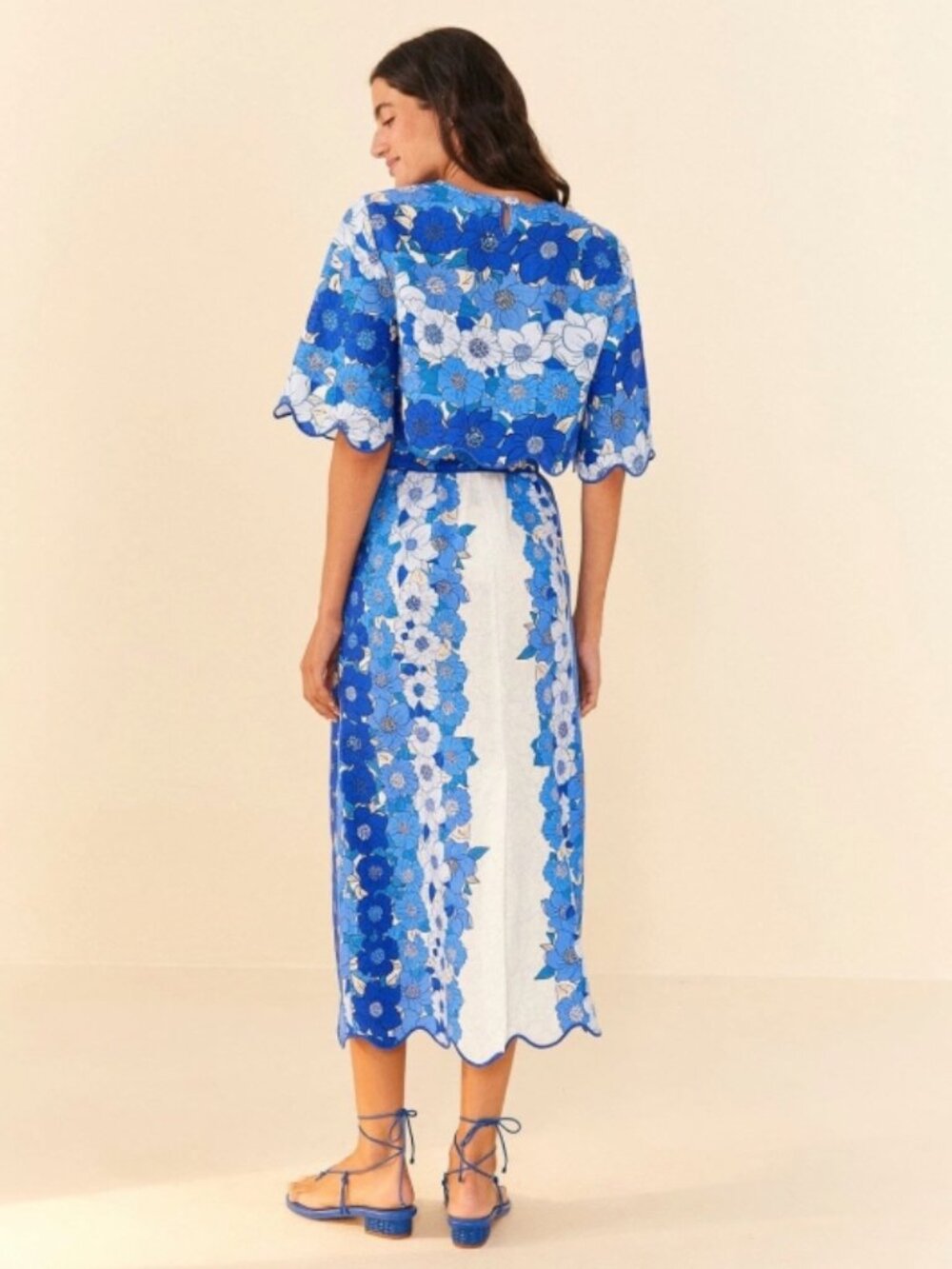 FARM Rio Blue Flower Stripes Crop Top and Midi Skirt Linen Scallop Set Medium - Picture 2 of 13